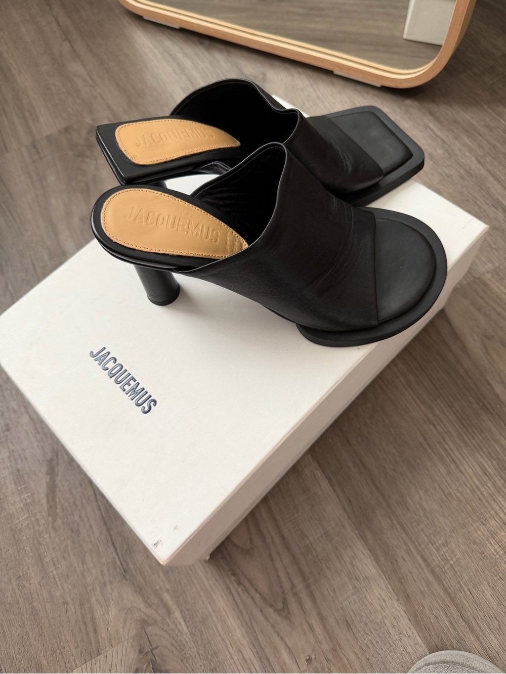 Jacquemus Black Leather Square-Toe Mule Heels